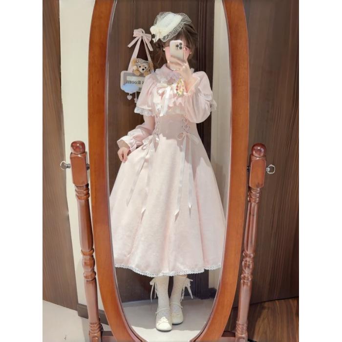 

Sweet Pink Lolita Lace Patchwork Skirt with Bowknot & Clear Style Cloak XL