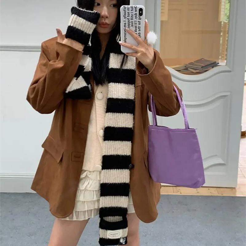 New Striped Soft Wool Knitted Scarf - Women's Winter Korean-Style Versatile Simple Thick Warm Scarf Cold-Resistant Scarf