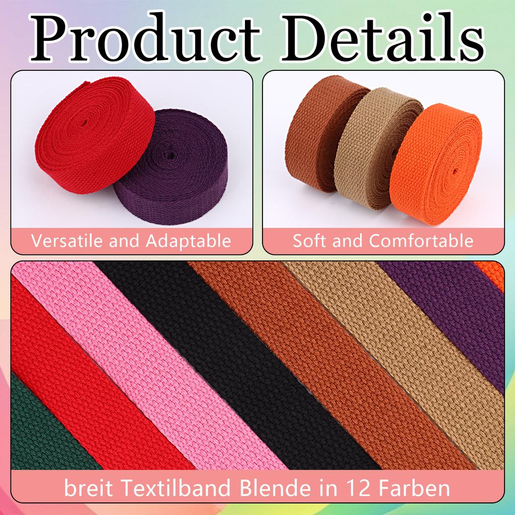 12 StüCke 36M Baumwolle Gurtband 20Mm Breit SchräGband Canvas BaumwollbäNder Polypropylen GurtbäNder Nahtband Zum NäHen FüR Ruck
