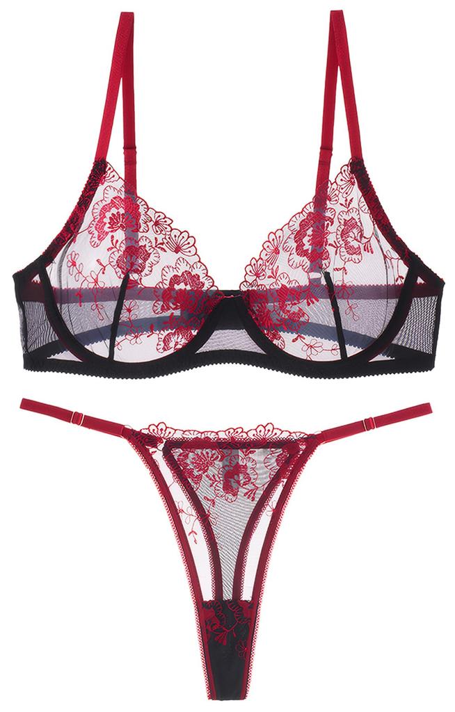 Top and Bottom Sexy Floral For S [Maeau] Bra, Women's Underwear, Set, T-Back, Lingerie, Pattern, Net, Stylish, Embroidered, See-Through, Thin,