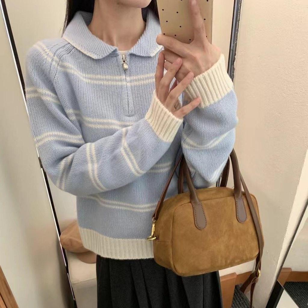 Korean-Style Striped Polo Collar Loose Thick Top for Autumn/Winter Women