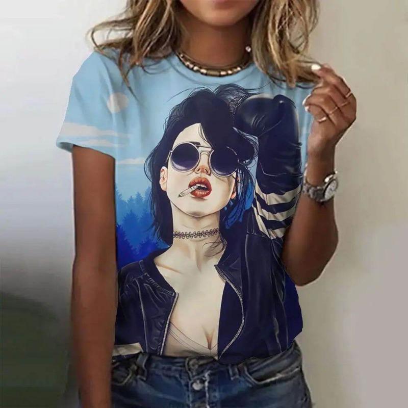 Women's round Neck Short Sleeve T-shirt Animal Print 3D Printing Street Style Loose Fit Summer Casual Wear Polyester Material