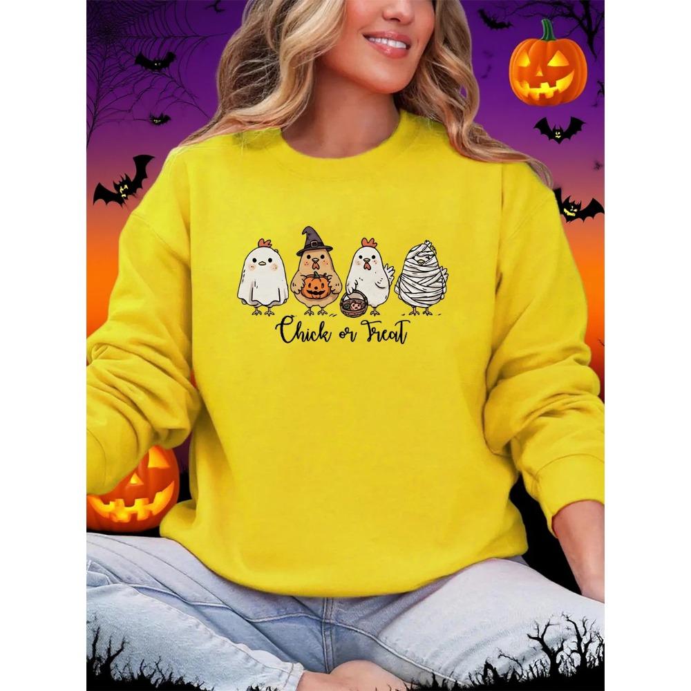 Four Different Shaped Chicks Prints Halloween Sweatshirt Women Winter Hoodie Crewneck Loose Pullover Casual Soft Clothes