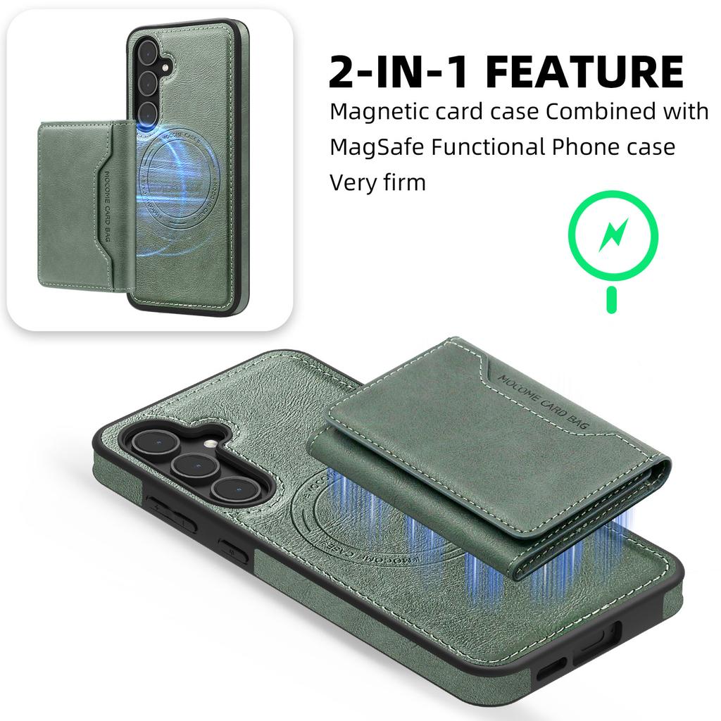 For Samsung Galaxy S25+ Case Compatible with MagSafe Leather Back Phone Cover with Detachable Card Bag