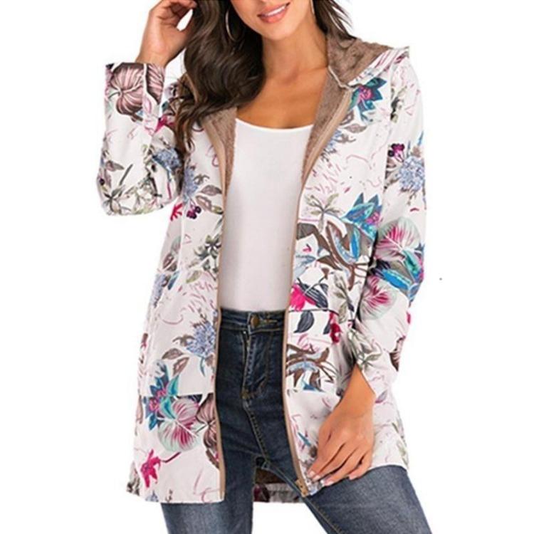 

Winter Women Loose Fashion Coat Hooded Zipper Cotton Linen Plush Large Size Printed National New Clothing S