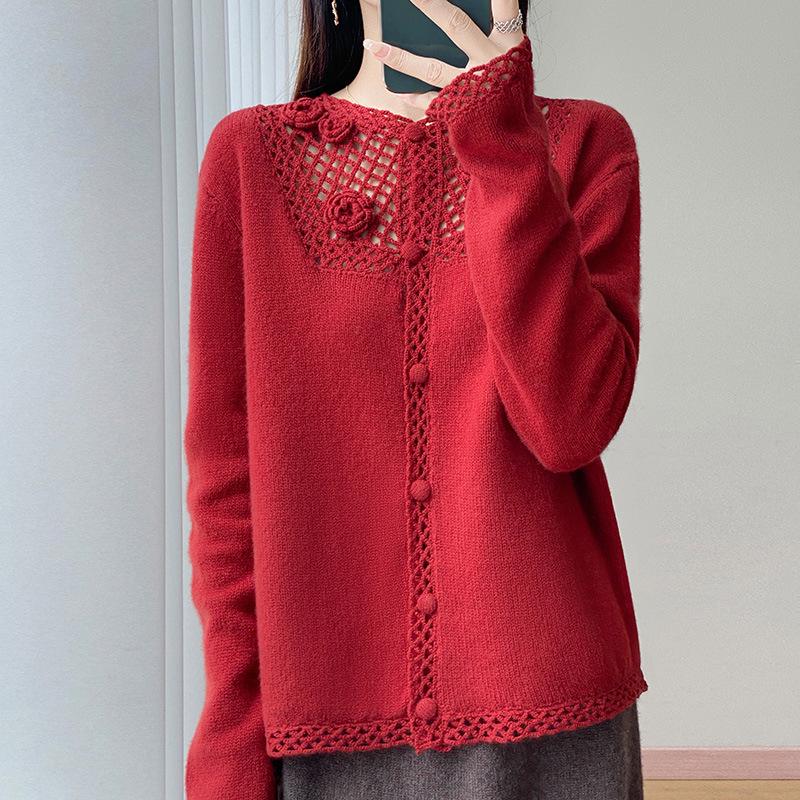 Autumn Style Heavy-Duty Crochet Knit Wool Cardigan: Women's Fashionable Hollow-Out Sweater Coat, Solid Color.
