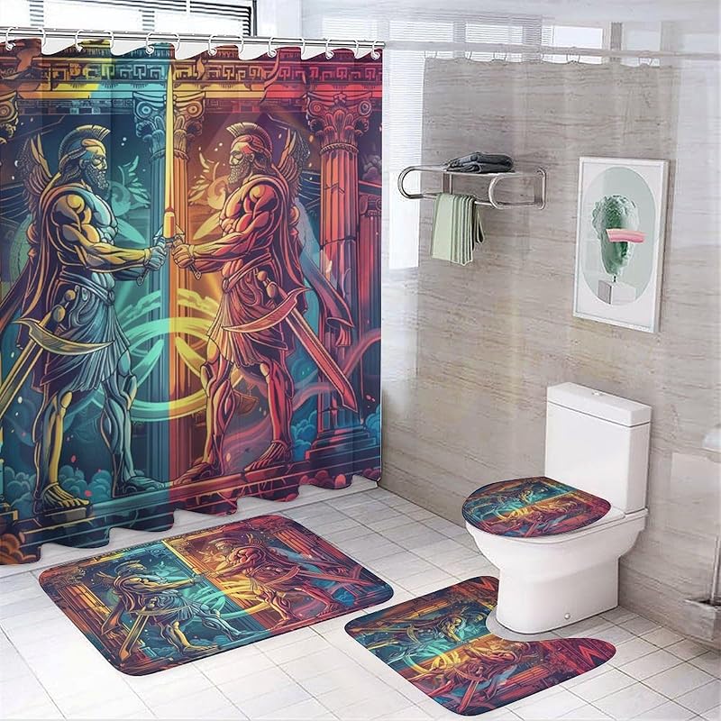 

Vintage Spartan Lion Print 4 Pcs Waterproof Shower Curtain Set,Abstract Architecture Temple Sunset Greek Spartan Warrior Designs with Waterproof Watercolor Spartan Warrio