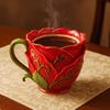 Water Cup Rose Flower Design Mug with Scalloped Rim Green Stem Handle Coffee Tea Hot