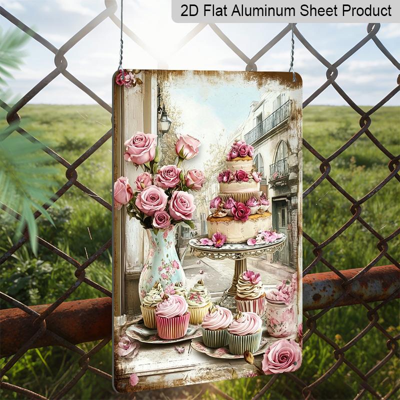 2D Flat, 1pc Vintage Metal Wall Art with Pink Roses, Cupcakes & Elegant Cake - 8x12 Inch Aluminum Kitchen Dining Room Decor Suitable for Cafe, Bar
