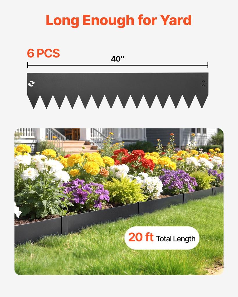 Galvanized Steel Landscape Edging, 6-Pack 1016 x 203 mm Metal Edging for Landscaping with 6 Mounting Clips, Bendable Metal Garden Edge Border for