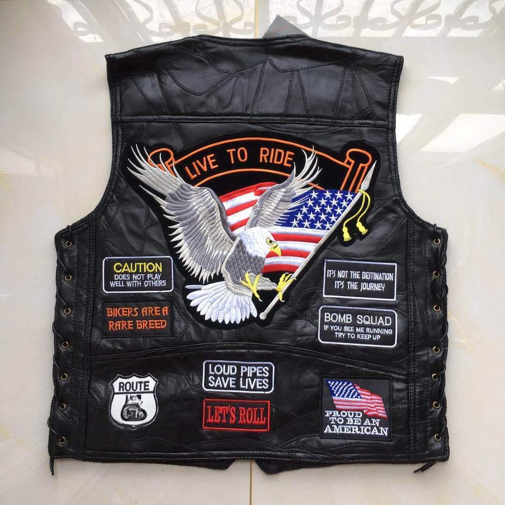 Chaleco de montar para locomotora de tendencia europea y americana, chaleco de cuero, chaleco de cuero para hombre, insignia bordada, versión de malla de varios chalecos