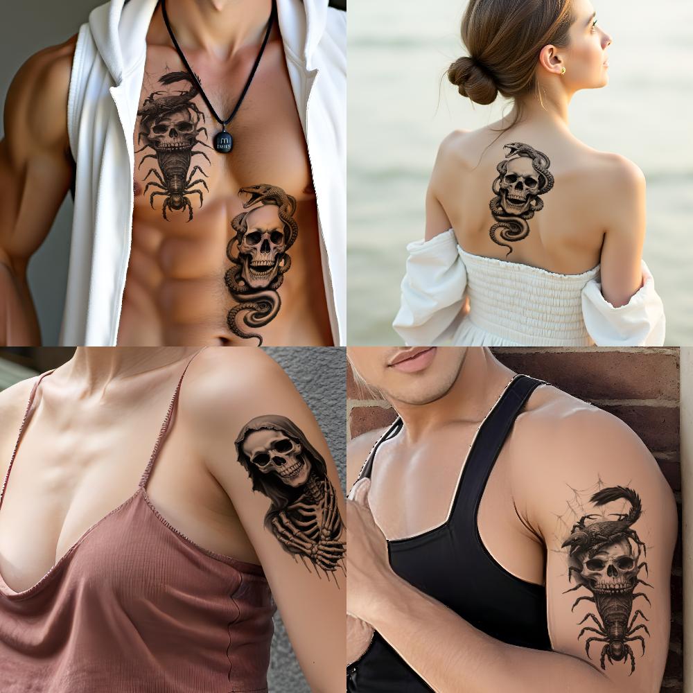 3 Stück Temporäre Tattoos Realistische Temporäre Tattoos Kapuzen-Skelett Wolfskopf und Mond für Arme Oberschenkel Männer
