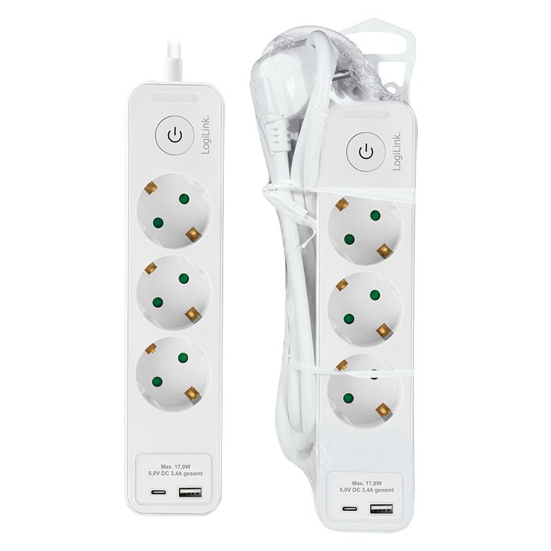 Triple Power Strip with USB-A/C, White, 3 Sockets, 1.5m - Logilink