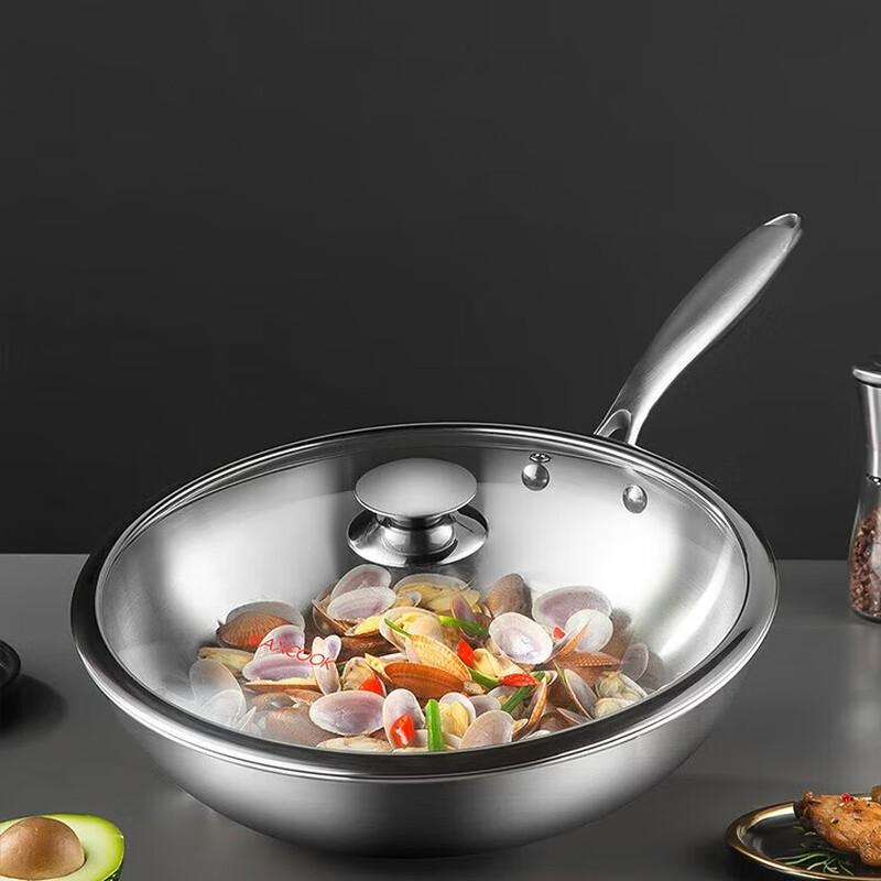 Meichu 30CM Silver Moon 3-Ply Stainless Steel Wok with Lid