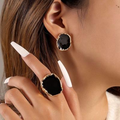 Large Bohemian Black Stone Ring Charm Gothic Jewelry Creative Oil Dripping Large Joint Ring  Women