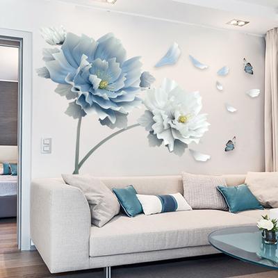 Grandi Fiori di Loto Blu Bianchi Farfalle Adesivi Murali Rimovibili Decorazioni Murali 3D Murale per Soggiorno Camera da Letto Cucina