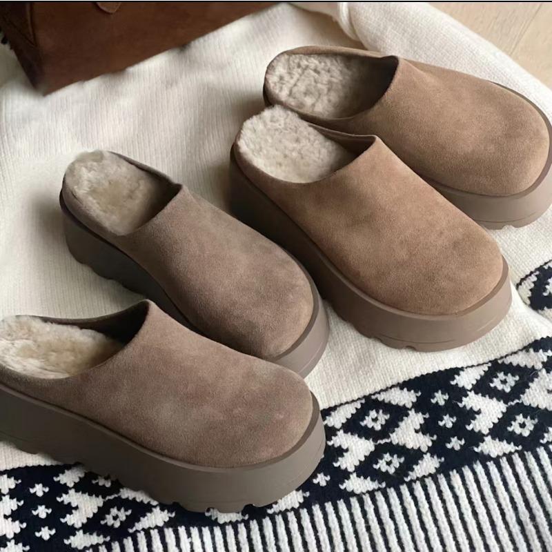 New Plush Bottom Bag Head Slippers Genuine Leather Fur Thick Bottom Hard Height Increased by 6 and a Half Slippers