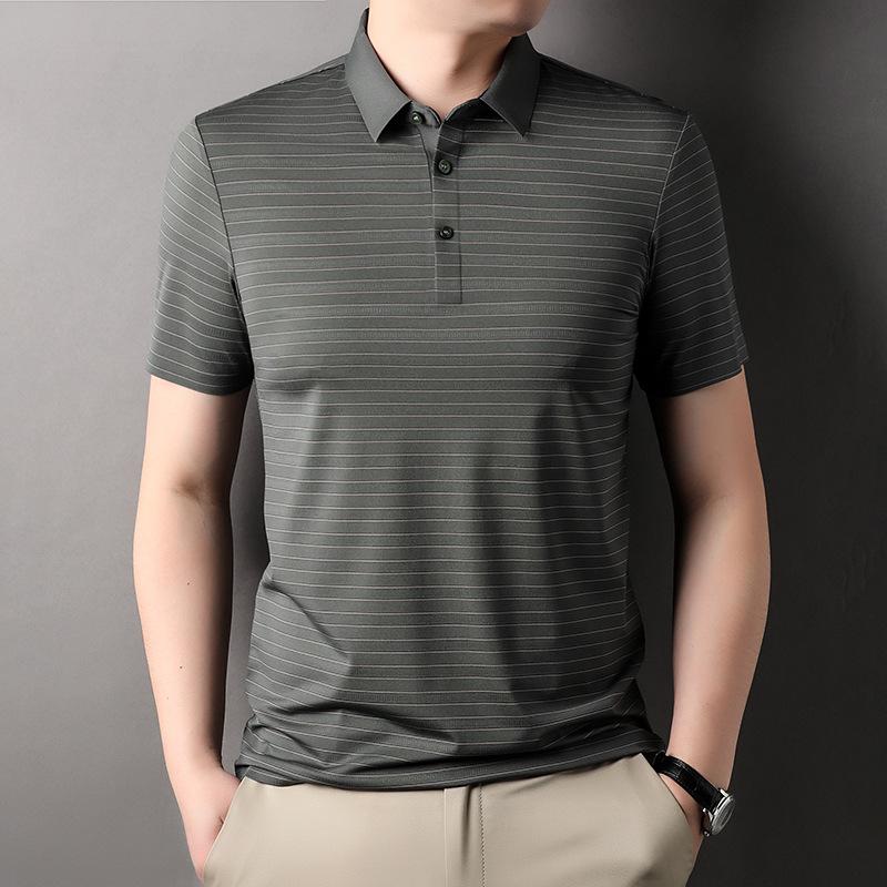 

Мужская футболка из шелка шелковицы с короткими рукавами, летняя свободная полосатая футболка-поло среднего возраста с лацканами из ледяного шелка 190/4XL