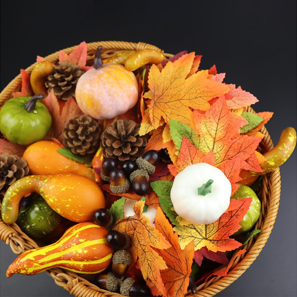 Artificial Pumpkins With Maple Leaves Pinecones Hazelnuts For Halloween Fall Party Decorations Indoor Outdoor