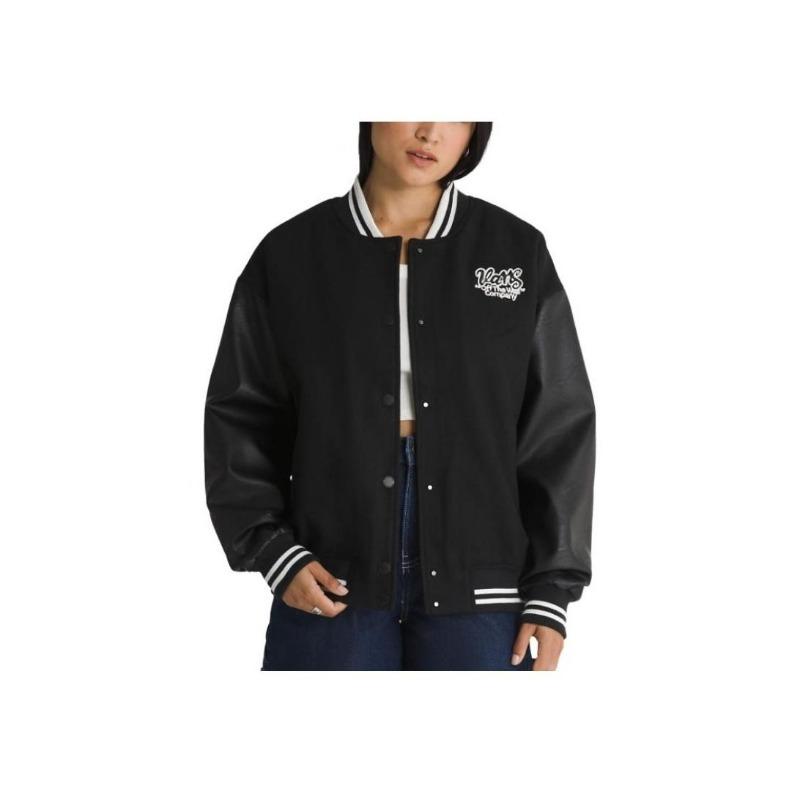 Vans Varsity Club Bomber Jacket Loose Striped Letter Print Jacket Women Jacket Black VN000GJRBLK