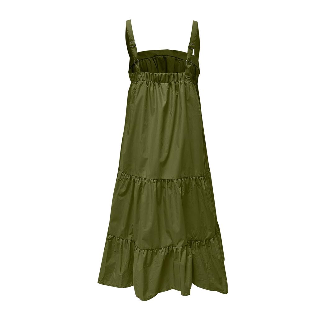 Ladies Casual Sexy Solid Color Suspender Loose Layered Pleated Beach Dress