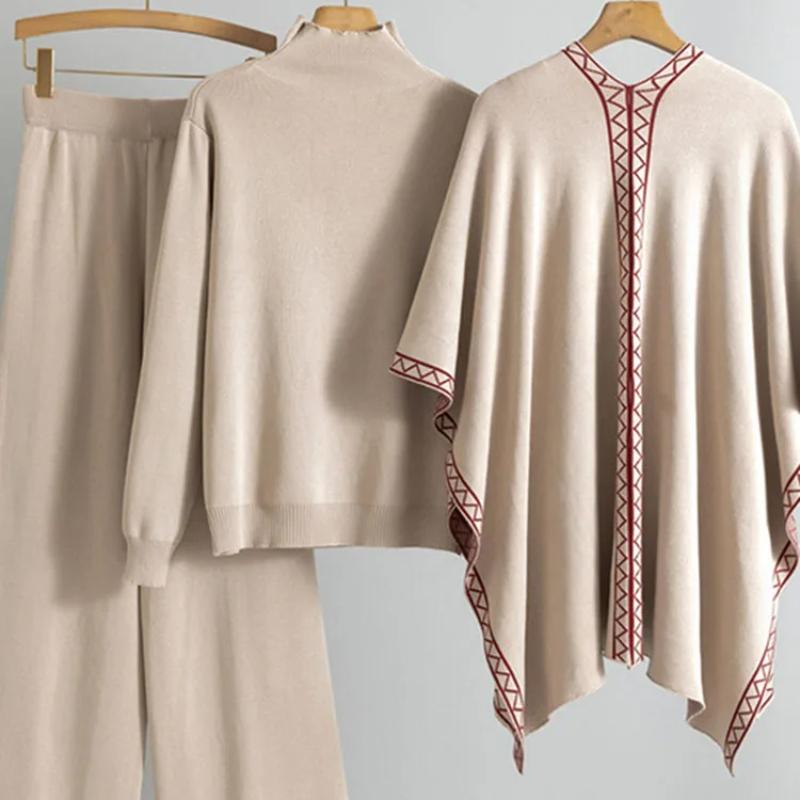 Korean Design Knitted 3 Piece Sets Women Knitwears Chic Shawl Sweater Pullover Tops Conjuntos High Waist Wide Leg Pants Outfit