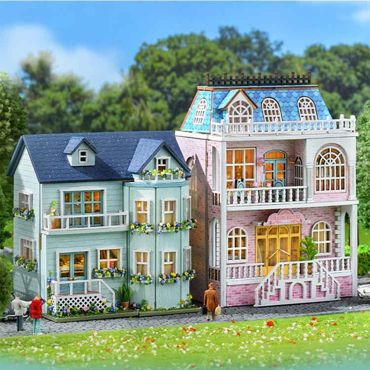 Diy Mini Wooden Dollhouse With Furniture Light Doll House Casa Assembly Model Pink Princess Villa Architecture Kit Toys Birthday