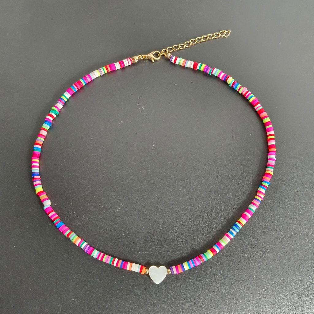 Multicolor Polymer Clay Shell & Peach Heart Pendant Necklace