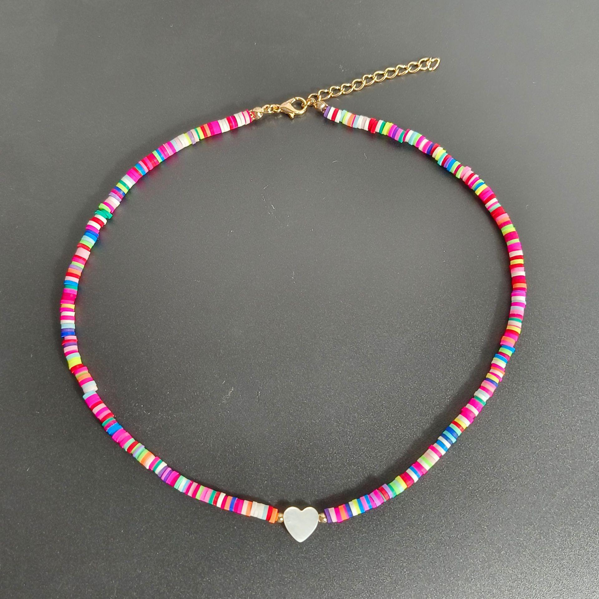Multicolor Polymer Clay Shell & Peach Heart Pendant Necklace