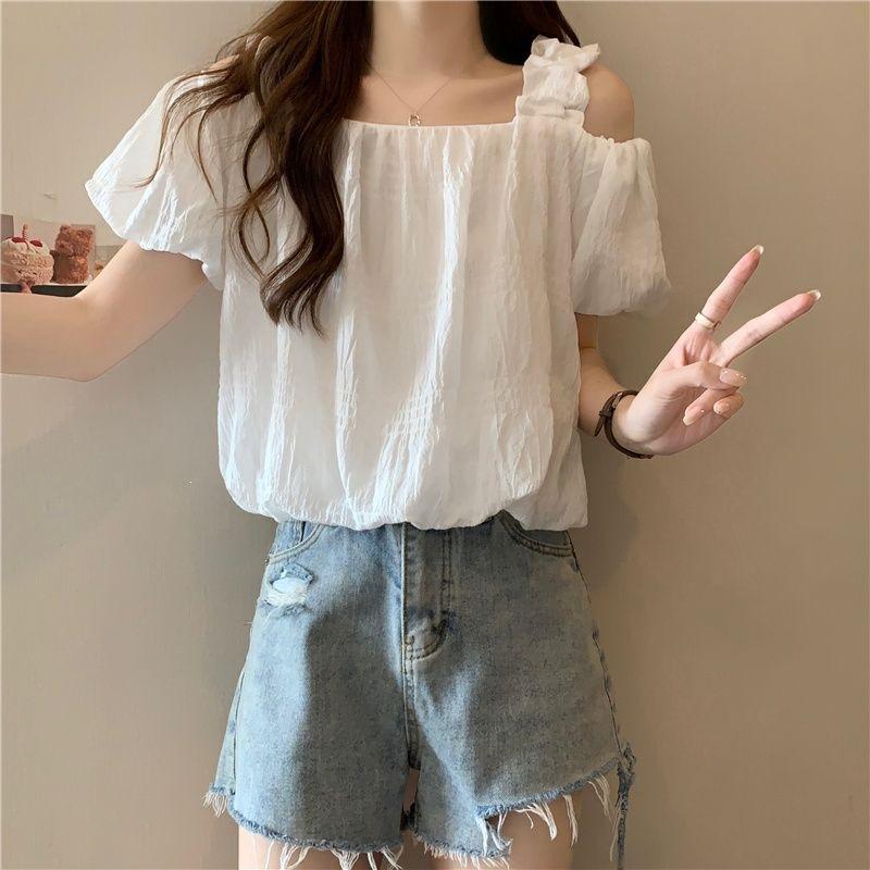 One-word shoulder suspender shirt women's bubble sleeves short with high-waisted pants annual summer loose-minded off-the-shoulder top