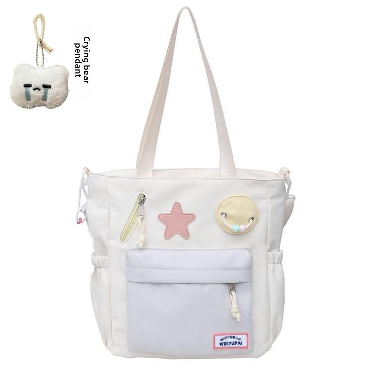 Blocked Cute Color Star Collage Student Backpack And Shoulder Bag With Pendant