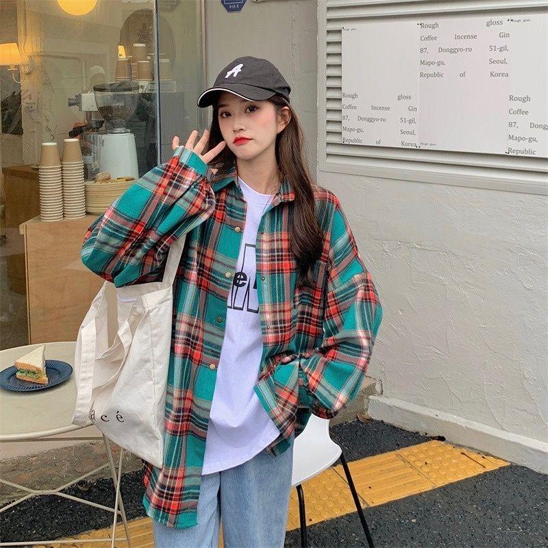 Autumn Lazy Style Loose Plaid Shirt Jacket Women's Design Retro Top