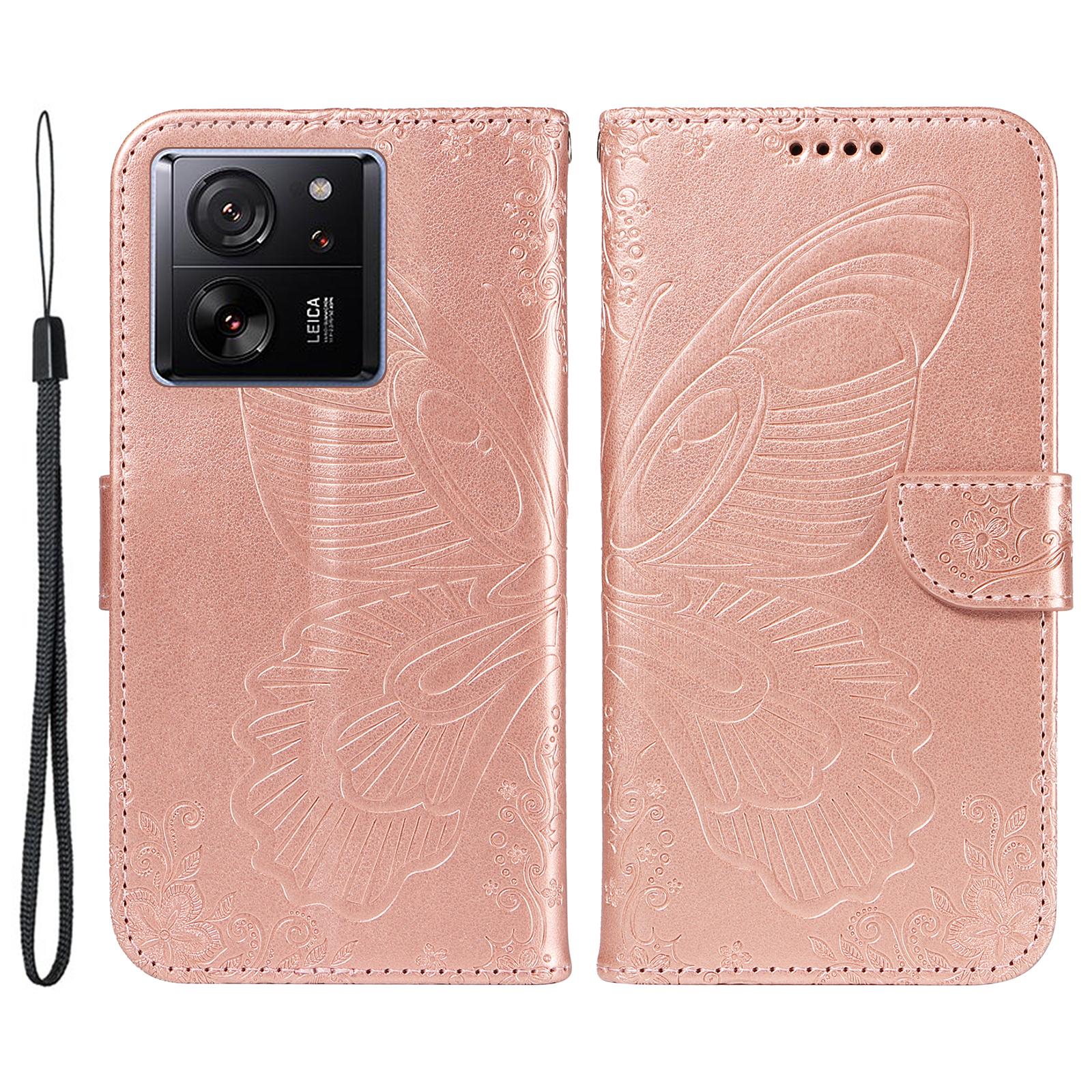 

For Xiaomi 13T Pro/13T/Redmi K60 Ultra Phone Case Butterfly Pattern PU Leather Flip Phone Cover Rose Gold