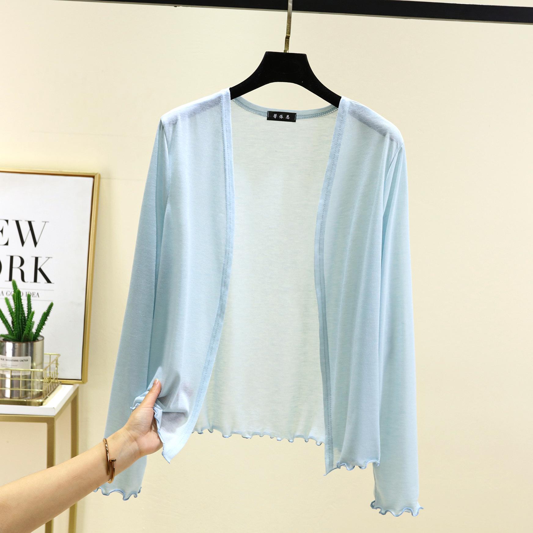 Igogogo Zomer Dames Kort Vest Ruches Cape Lange Mouw Zonbeschermingskleding Losse Pasvorm Lichtgewicht Cover-Up voor Airconditioning L lichtblauwe kleur