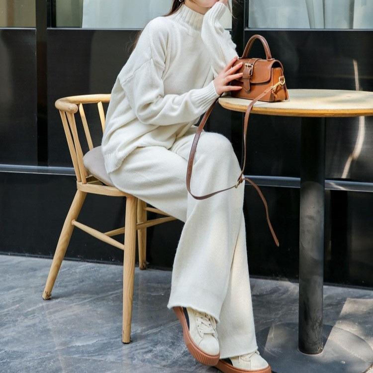 European and American autumn and winter knitted suit women's loose large-size split-ended sweater + straight wide-leg pants two-piece set