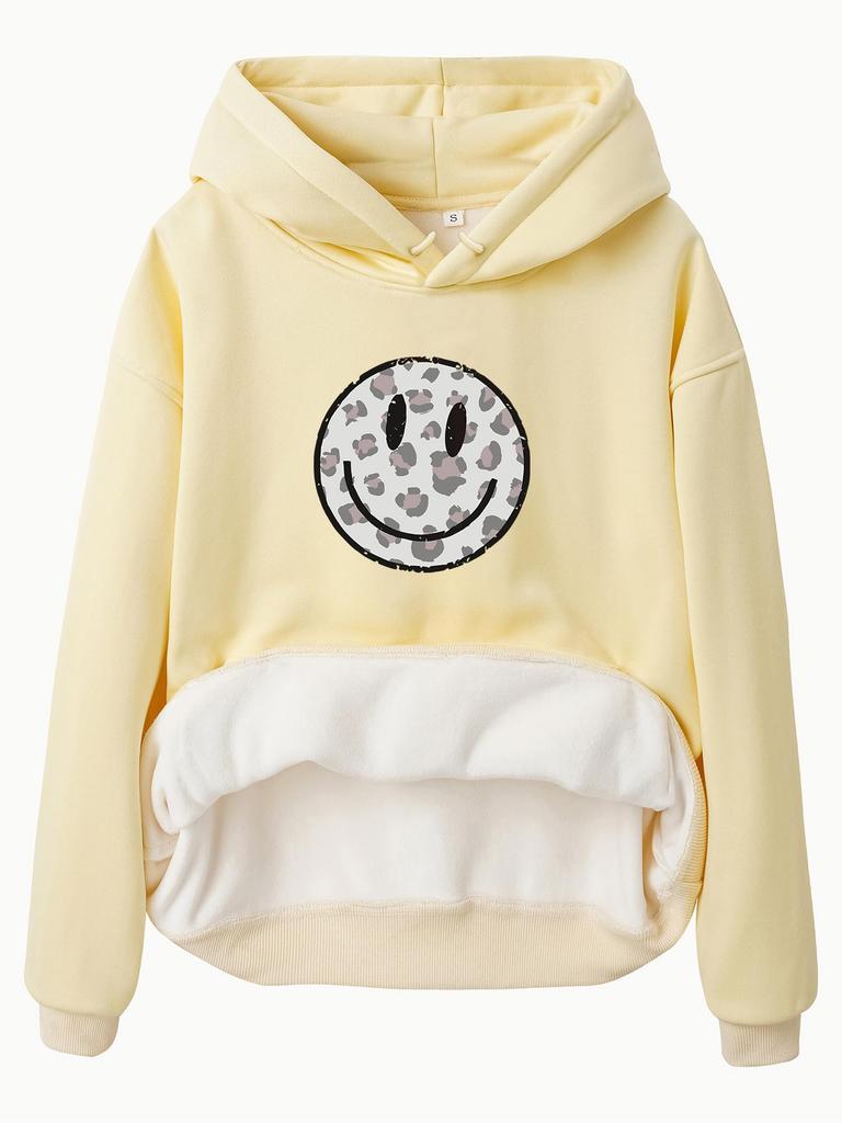 European & American Women's Fleece-Lined Hoodie with Smiley Face Print - Autumn/Winter