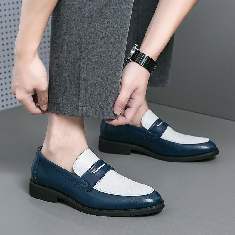 Men's European & American Large Size Color Block Slip-On White Leather Loafers, Korean Style Casual Shoes