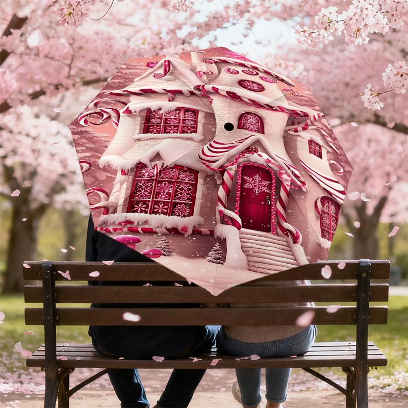 1pc Candy Cane House Automatic Open/Close Umbrella Compact Folding Umbrella with 8-Rib Shaft for Women/Men, Elegant Birthday1157S