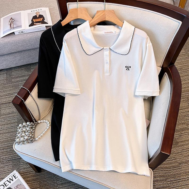 

Plus Size Women s Summer Lapel Top - Slimming Short Sleeve T-shirt 7339 (200/300 Jin) 5XL белый