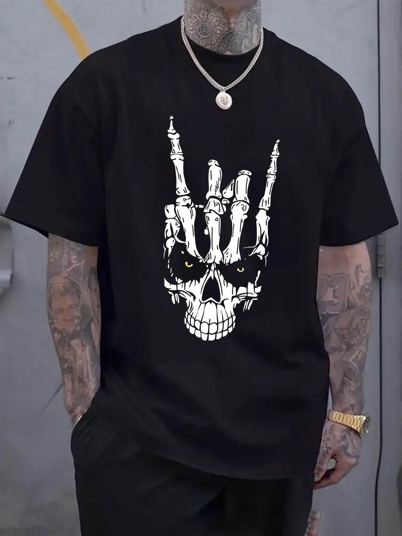 Rocker Skull Hand Graphic T-shirt - Casual Crew Neck Short Sleeve Tee with Skeleton Hand Print M