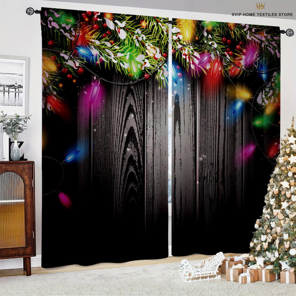 Christmas Animated Design Pattern Print Curtain, Snowflake Ball, Burgundy Car, Bedroom, Restaurant, New , Holiday Party Decoration, 2 Pcs
