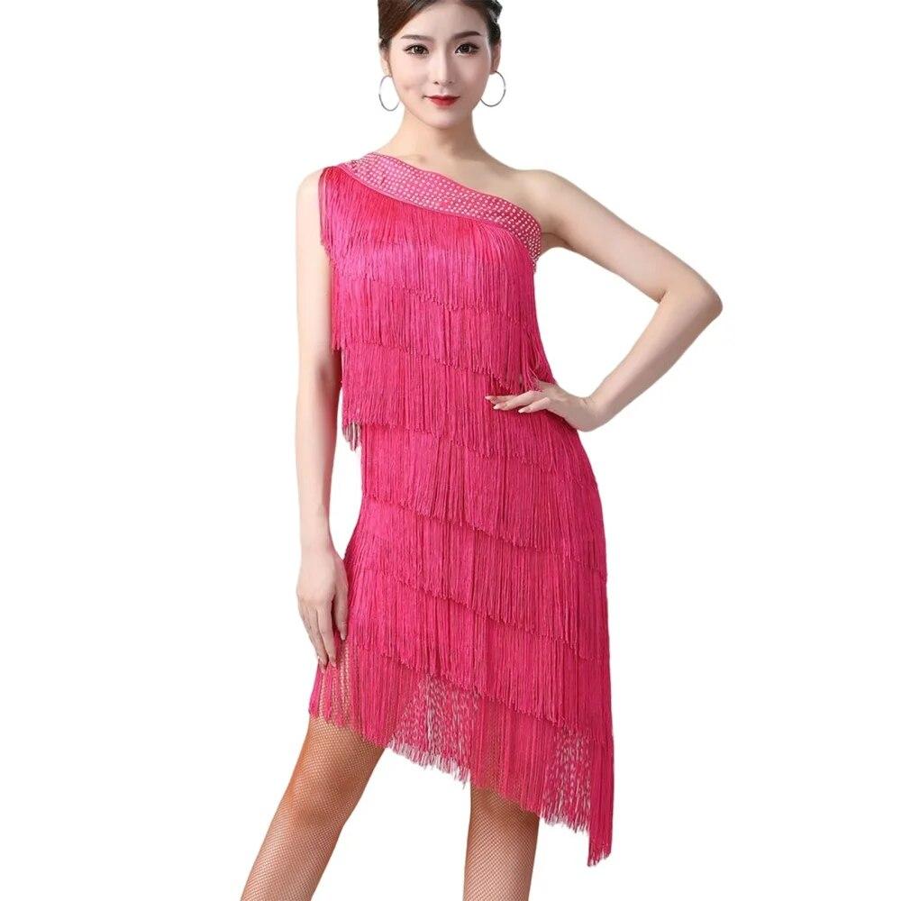 

Женское элегантное платье с блестками на одно плечо для латинских танцев, сексуальное платье с кисточками и бахромой для взрослых, костюм для бальных коктейлей и танцев One Size розовый