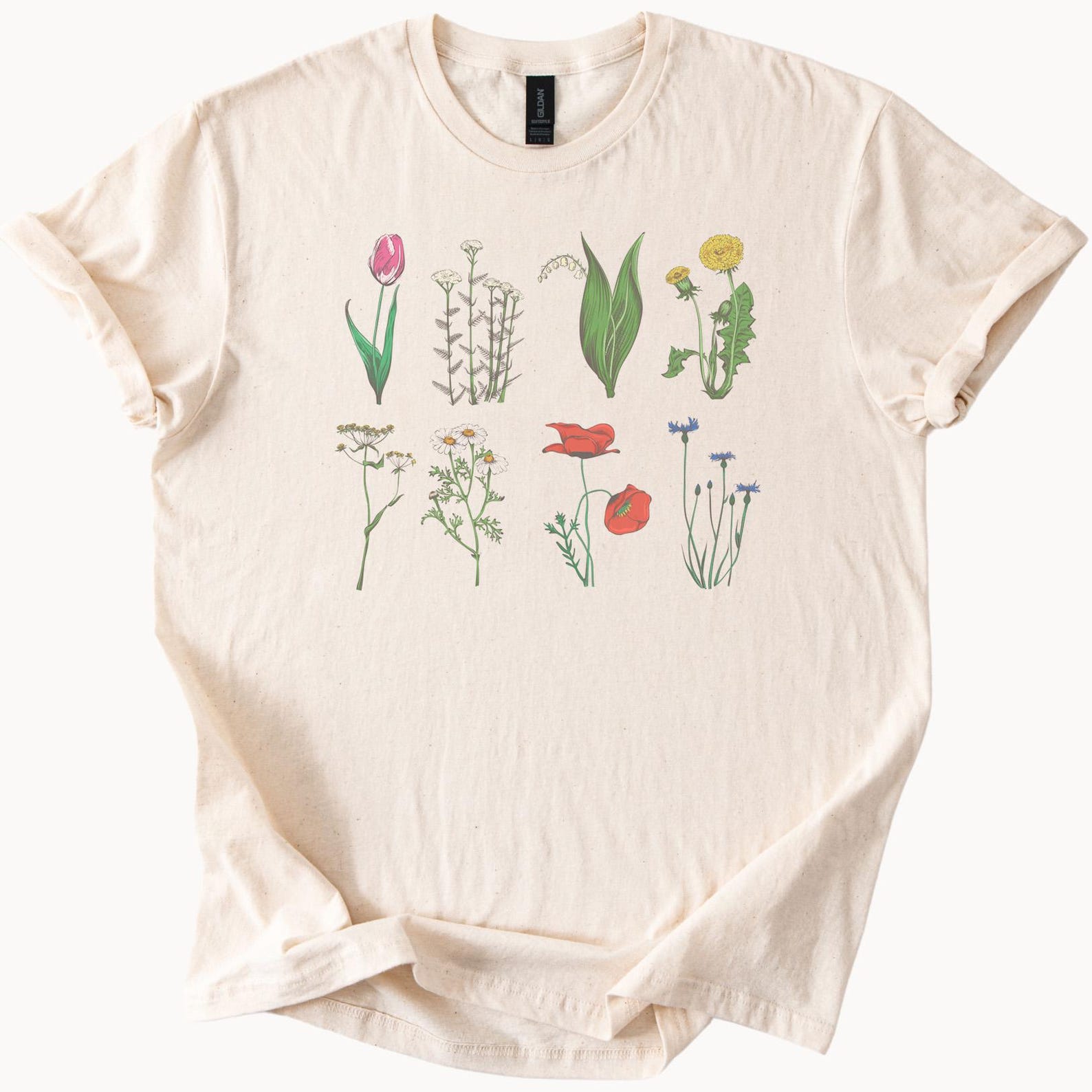 wildflower graphic t shirt featuring tulip lily of the valley dandelion poppy daisy botanical art 160