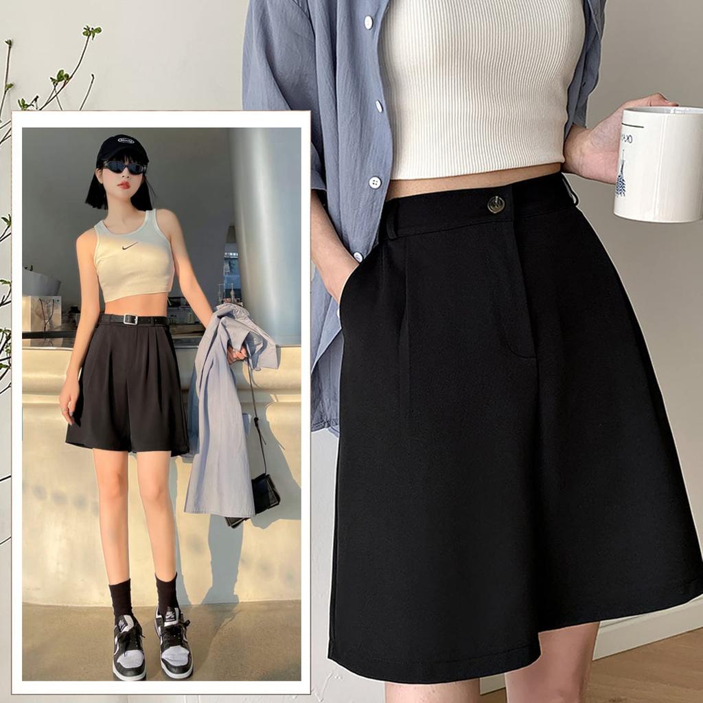 Ekieta Loose High Cool Solid for Commuting and School Women's Shorts, Fit, Casual, Waist, Culottes, Summer, Color, Black,