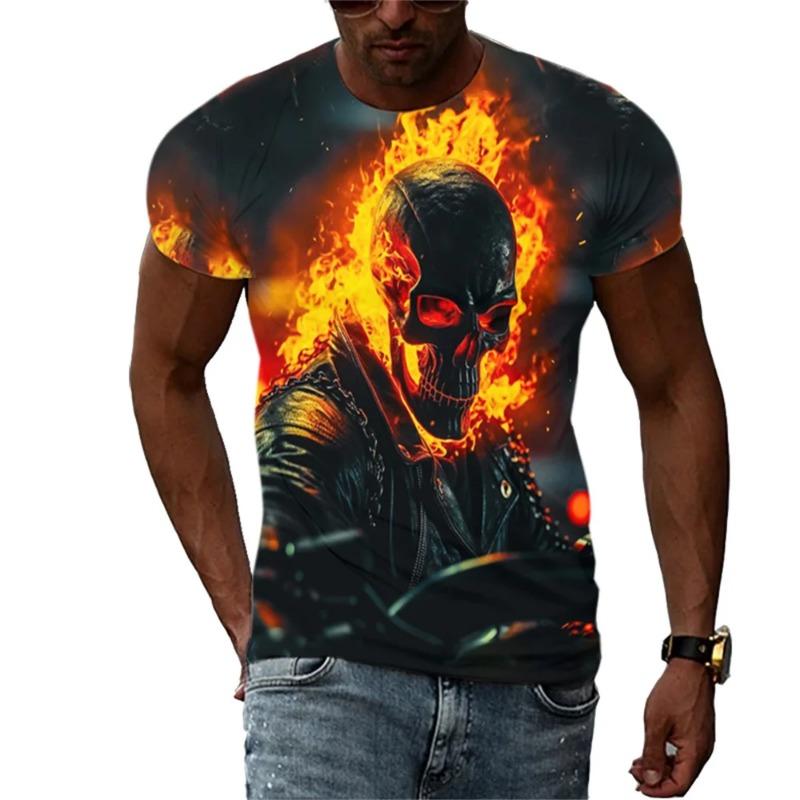 Summer Men's Fashion Trend New T-shirt 3D Flame Skull Digital Print Hip Hop Loose Street Clothing Casual Daily Round Neck Top