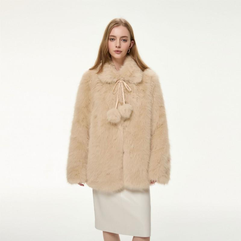 Elegant Vintage Cream Fluffy Fur Coat Women Cute Mid-Length Fall Winter Outerwear