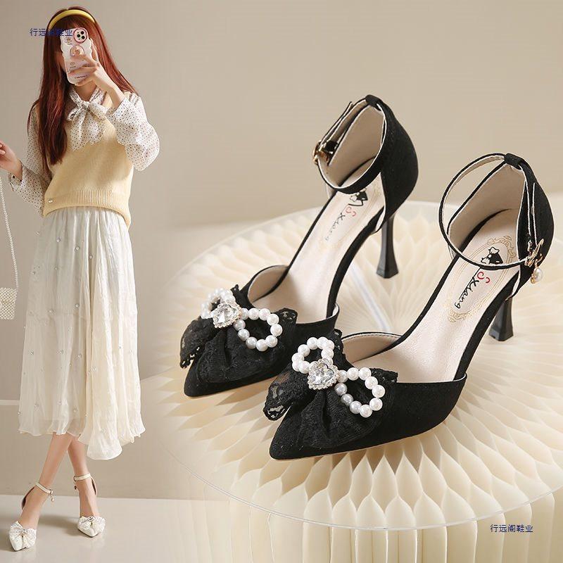 High Heels Women's New Spring and Autumn Hollow Pointed Pearl Bow One-word Buckle Stiletto Single Shoes Women