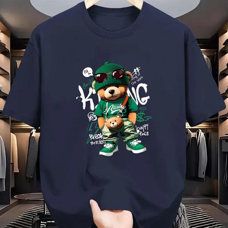 Men's Summer 100 Cotton Fashionable Casual Loose Large Geometric Bear Pattern Printed Sports Round Neck Short Sleeve T-shirt Top