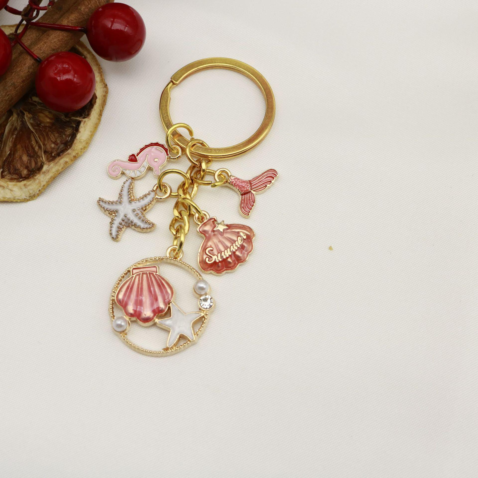 Mermaid Tail & Starfish Alloy Keychain with Pearl Ornament for Girls Bags