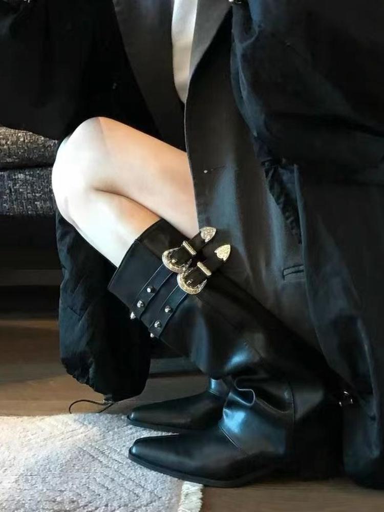 Fashion Middle Heel Studded Ladies Knee High Shaft Shoes Fashion 2025 Goth Footwear Designer Luxury Work Pu New In 39 Women's Long Boots